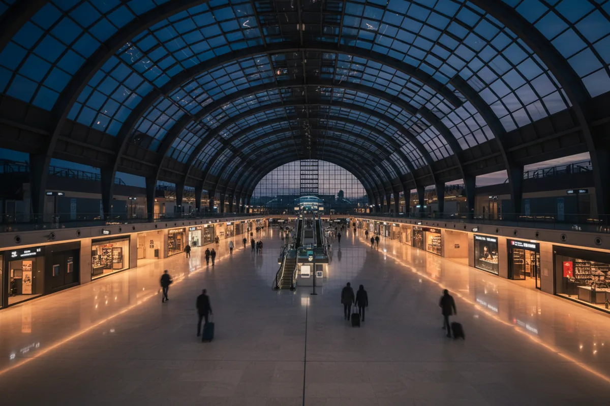 A spacious, modern train station concourse at dusk, with large windows and warm interior lighting.