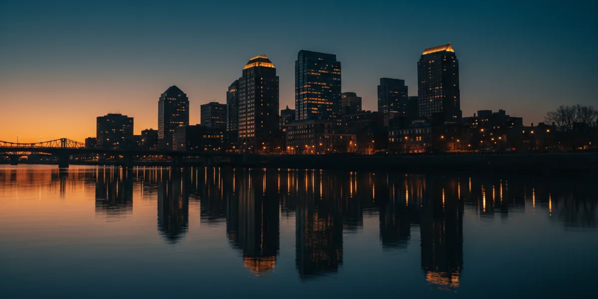 The Newark, New Jersey skyline lit up at dusk, viewed from across a river.