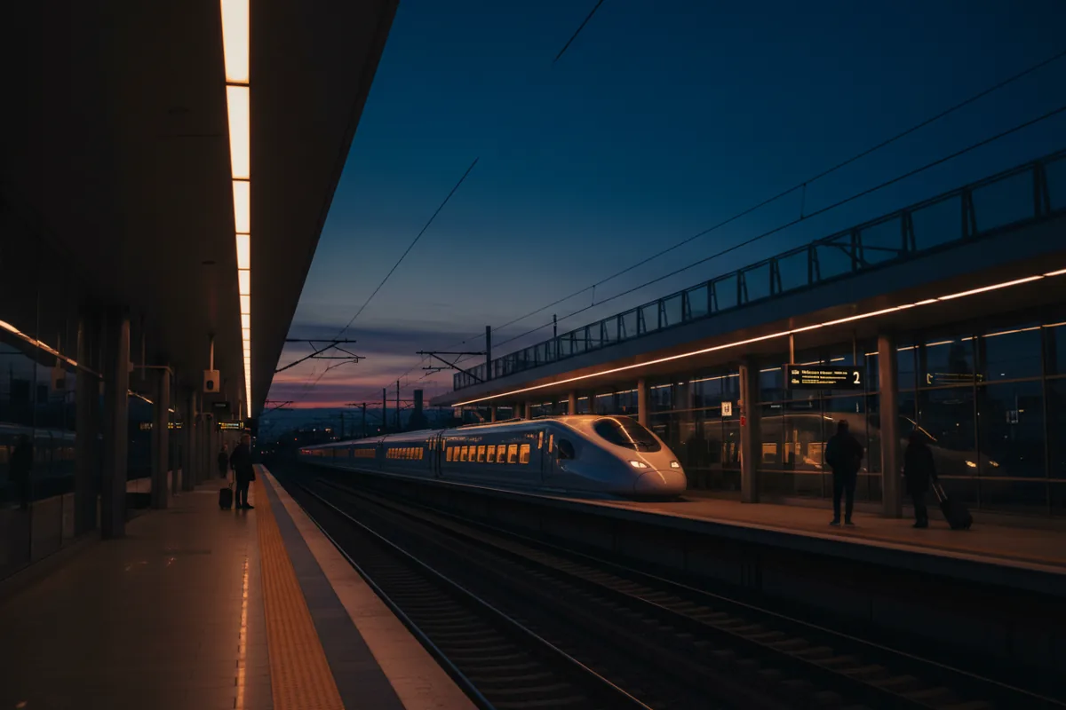 A modern train waits at an outdoor station platform at dusk, with a few people waiting to board.
