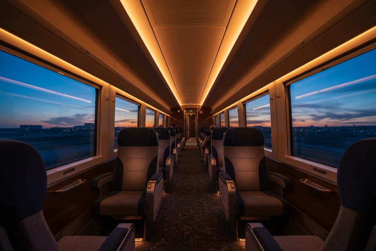 The clean, well-lit interior of a modern and empty passenger train car at night.