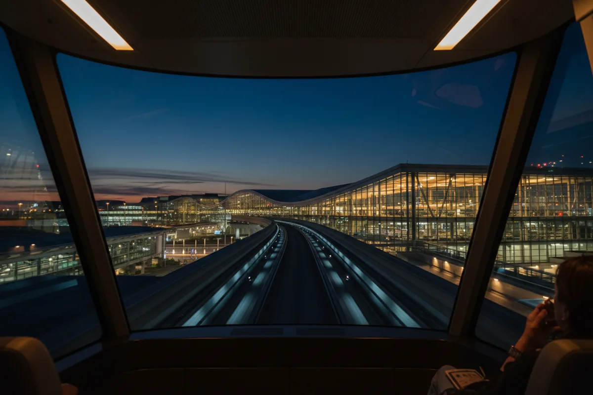 View from an airport monorail moving towards a glowing glass terminal at dusk.