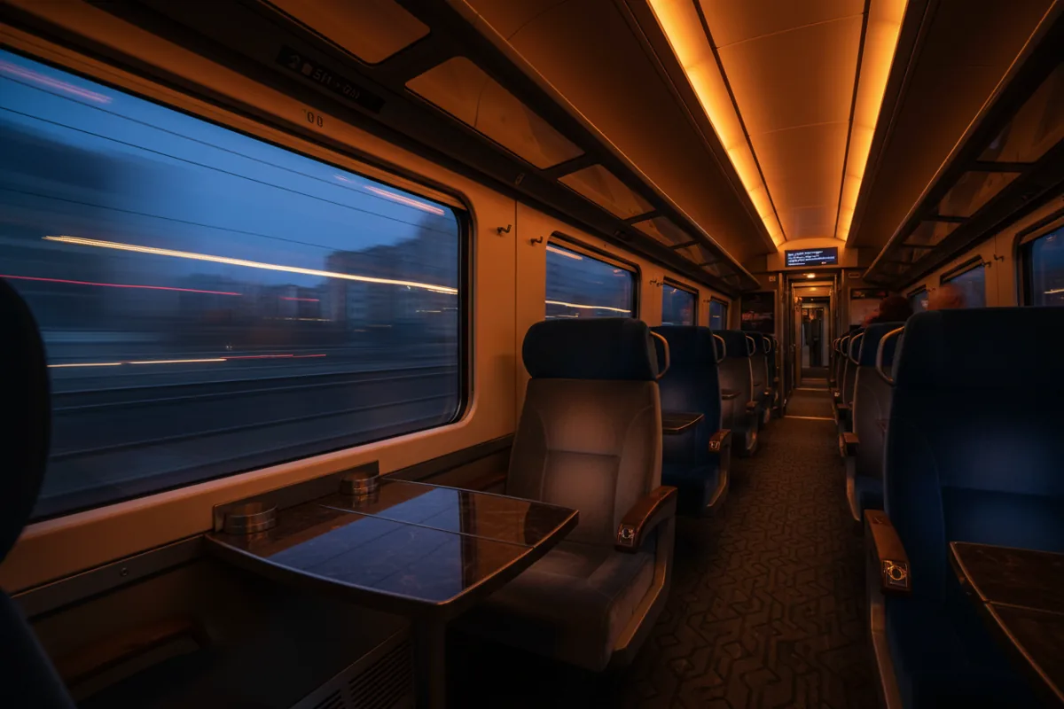 Interior of an empty, modern train car at night with city lights blurred in the window.