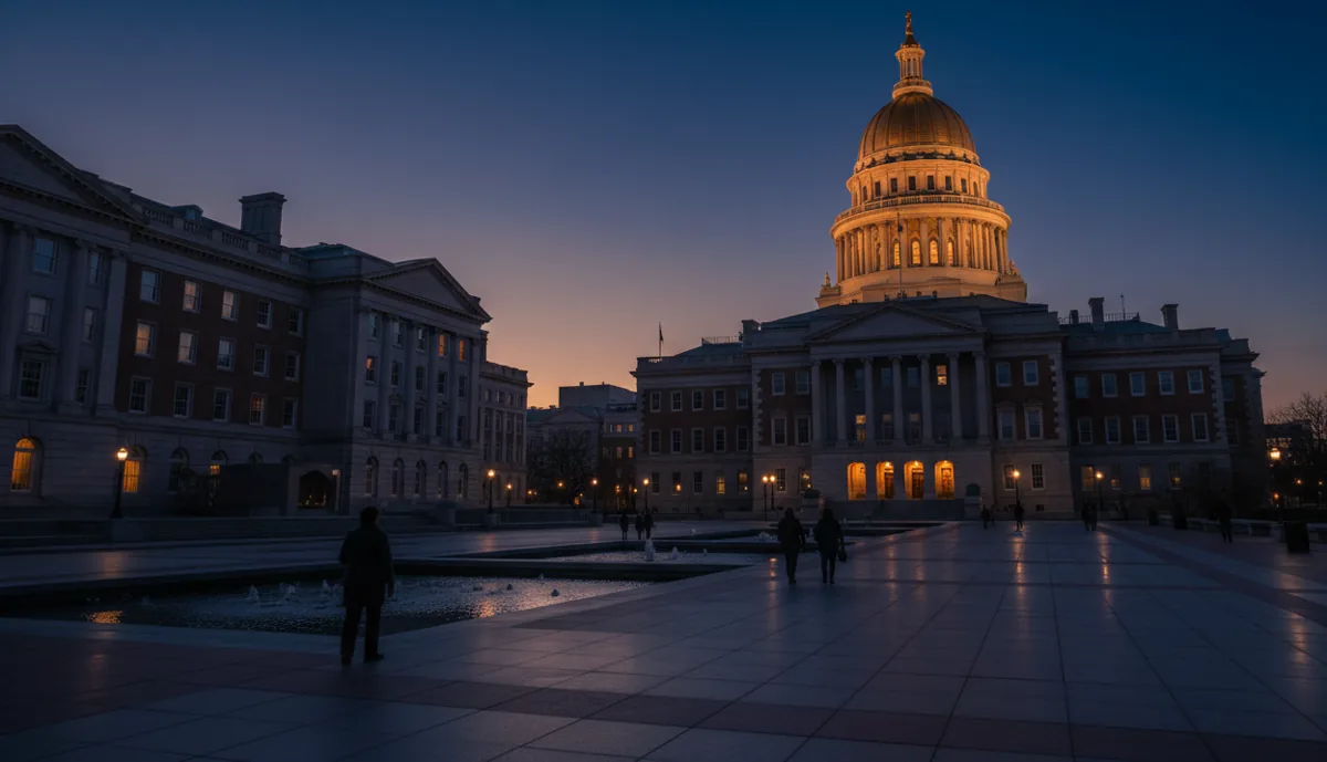 The golden dome of the New Jersey State House in Trenton lit up at dusk.