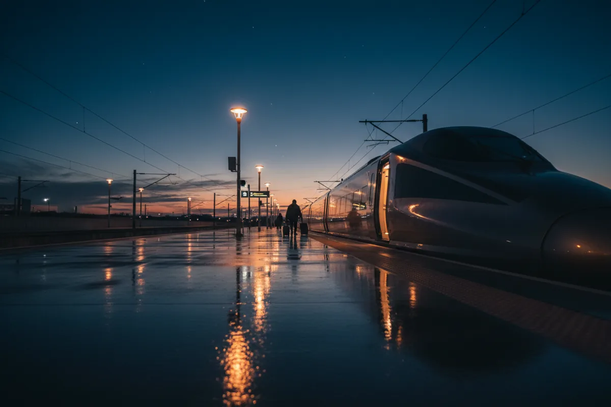 A modern train waiting at an empty, dimly lit station platform at night.