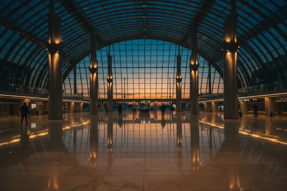 The grand, modern concourse of a train station at twilight with a few travelers.