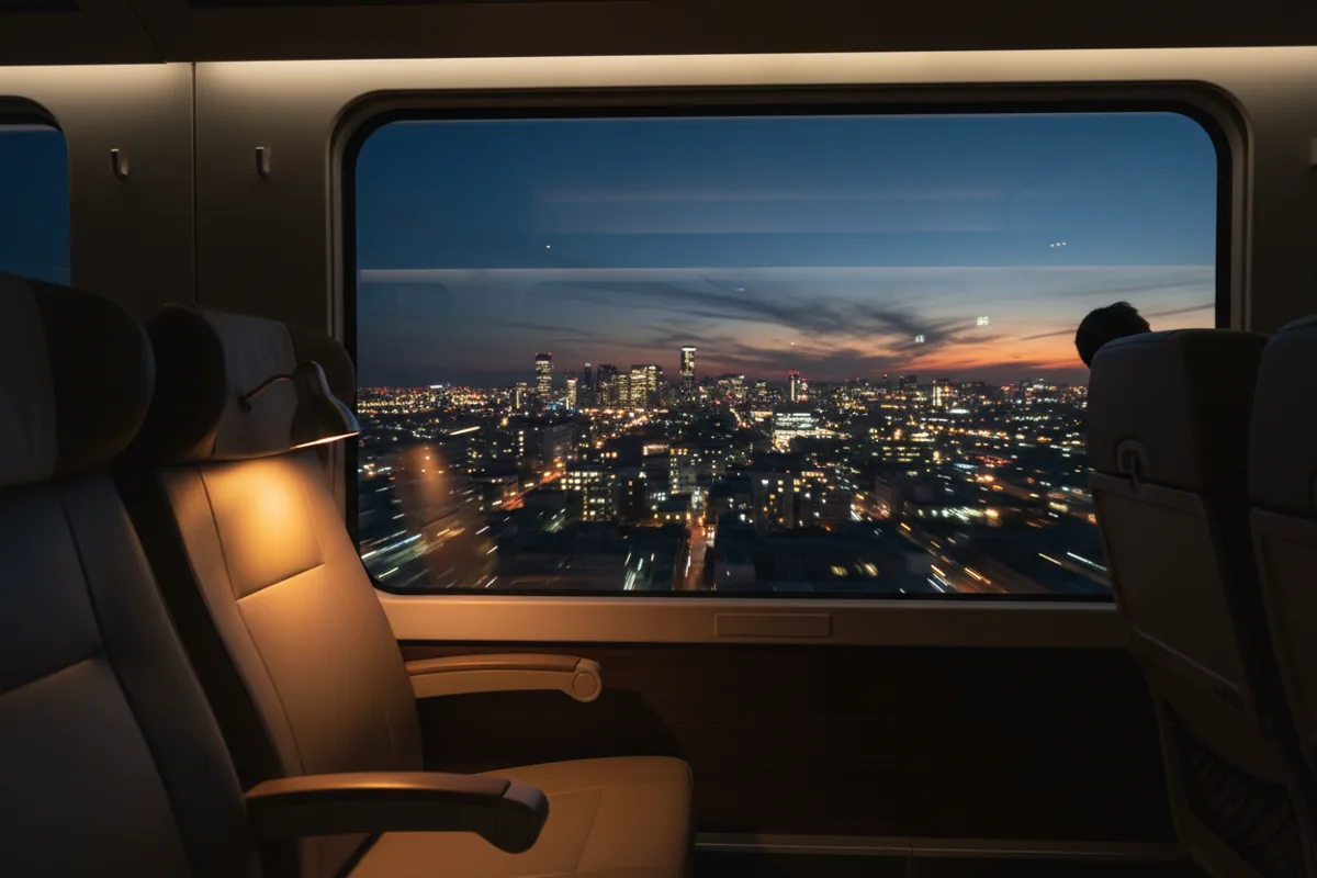 View from a train window at night showing blurred city lights passing by.