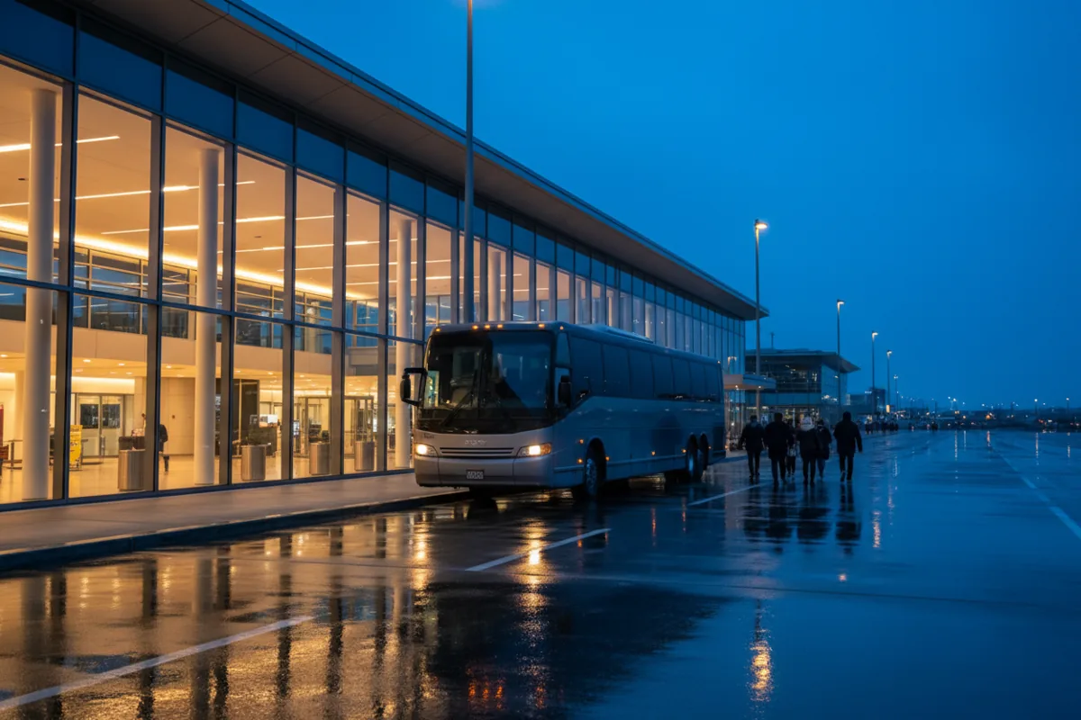 A modern charter bus waiting at an airport terminal curb at dusk.