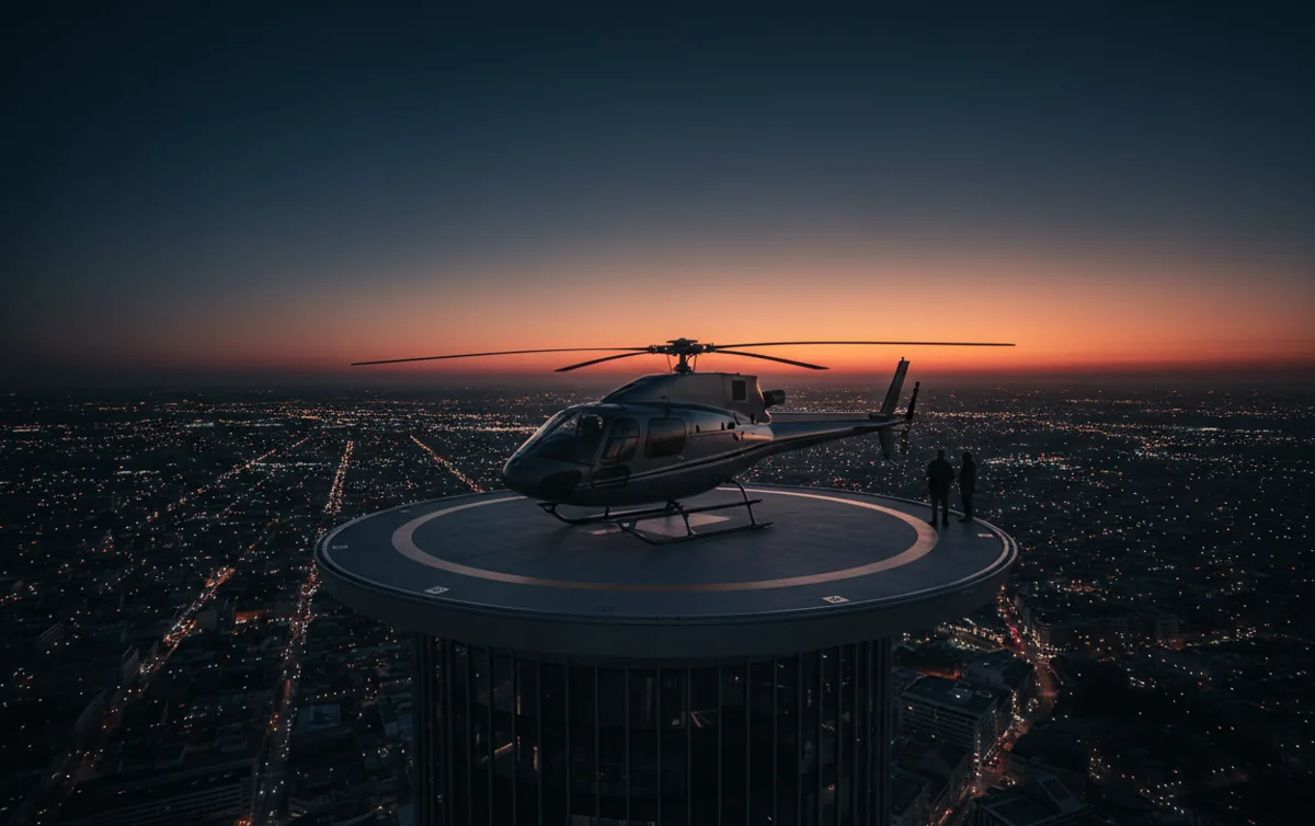 A helicopter on a rooftop helipad at dusk, overlooking a city's glowing lights.