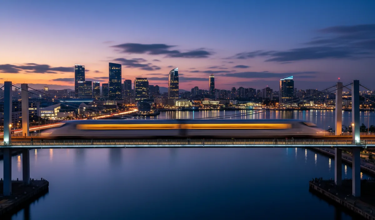 A passenger train crossing a bridge at night with city lights reflected in the water below.