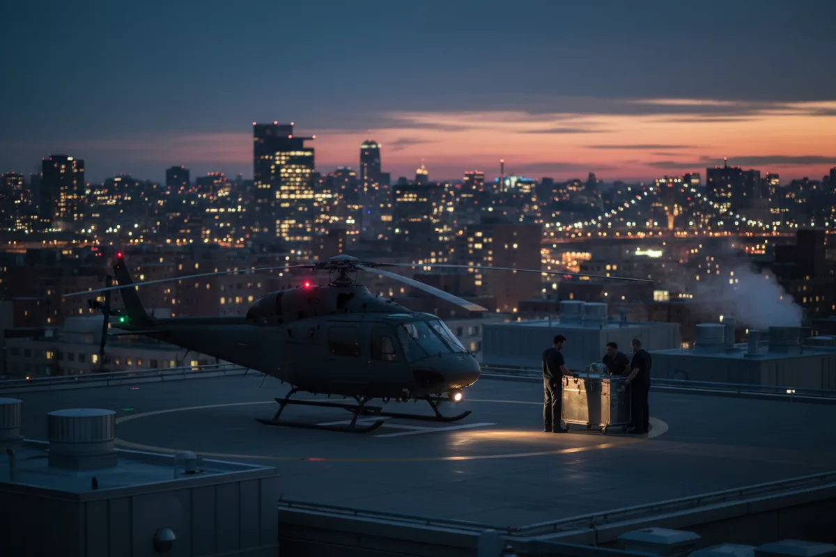 A helicopter on a hospital rooftop helipad at twilight, preparing for medical transport.