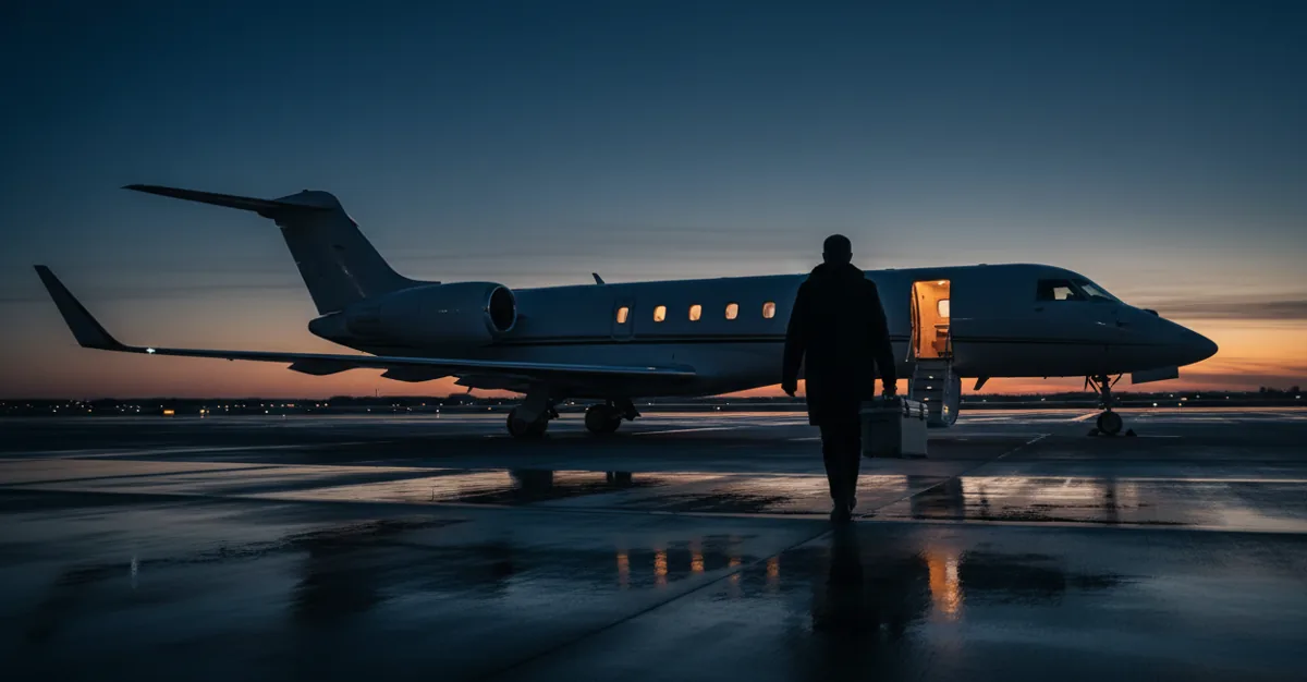 A courier carries a medical transport cooler toward a business jet on an apron at dawn.