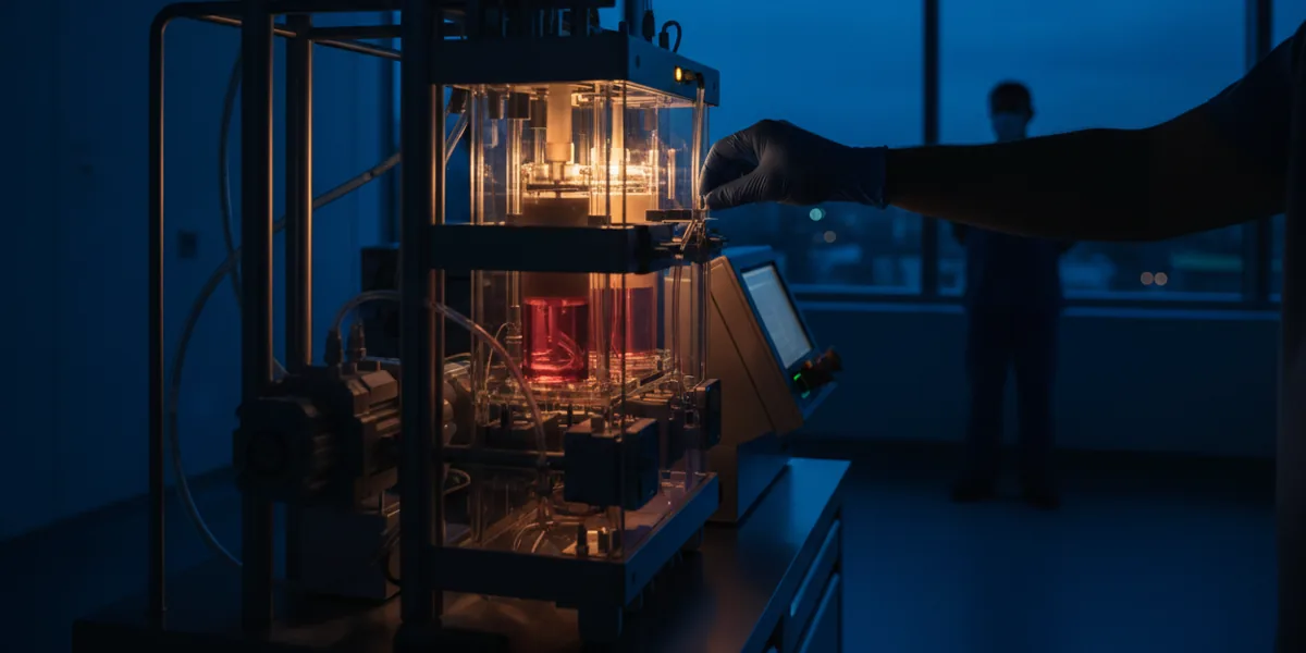 A gloved hand adjusts a medical organ perfusion machine in a sterile lab environment.