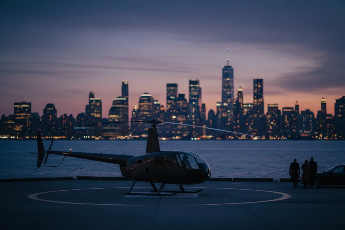 A helicopter on a waterside helipad at dusk, with the blurred lights of the Manhattan skyline in the background.