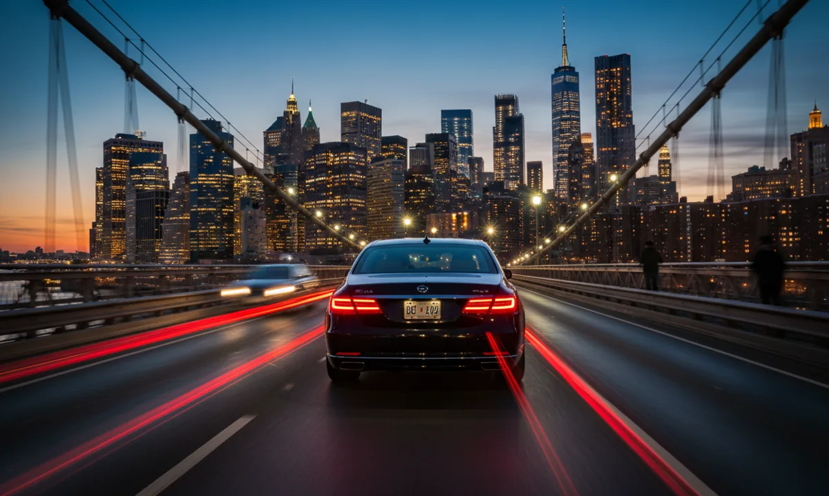 A car driving over a bridge toward the glowing Midtown Manhattan skyline at dusk.
