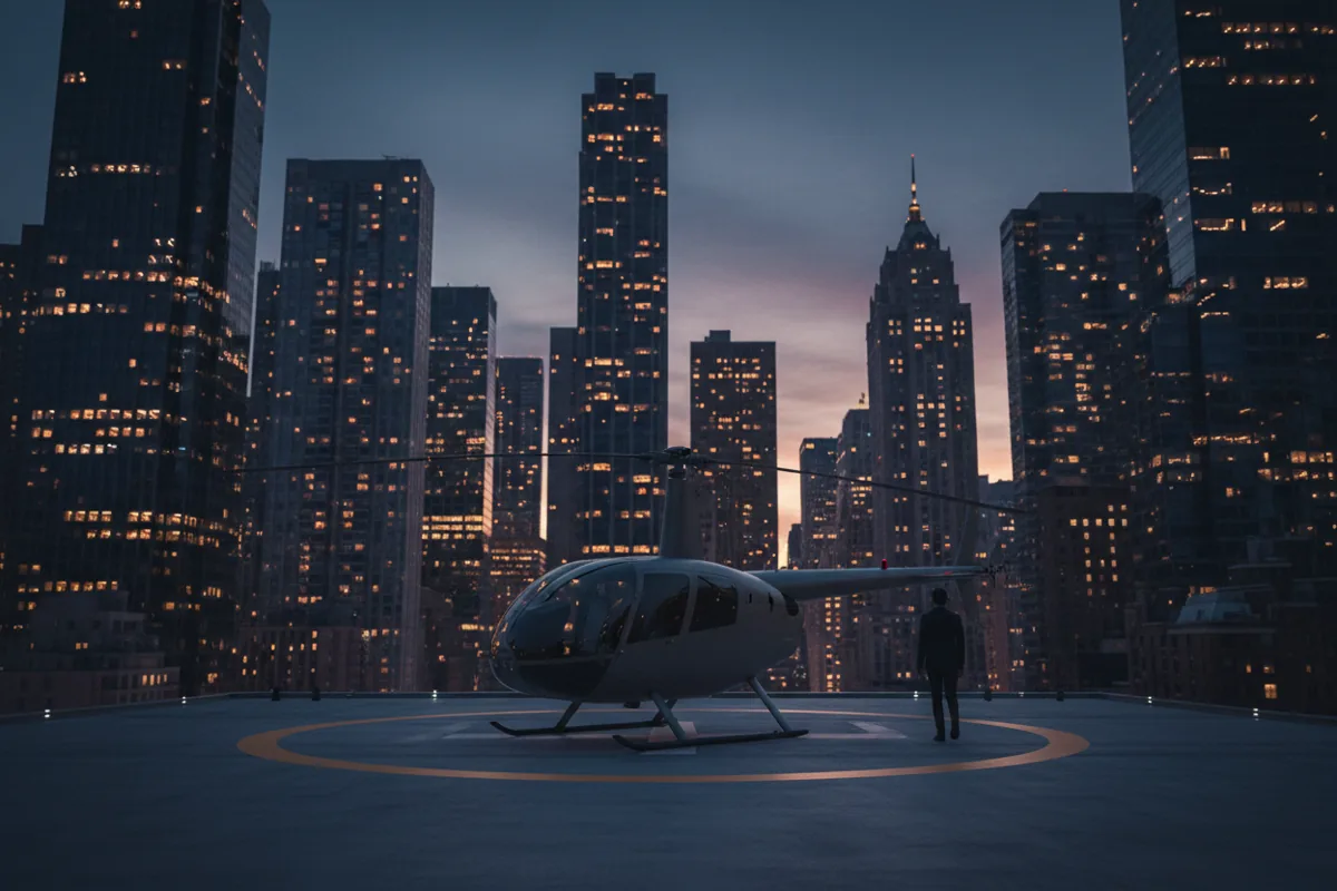 A helicopter on a city rooftop helipad at night, with glowing lights all around.