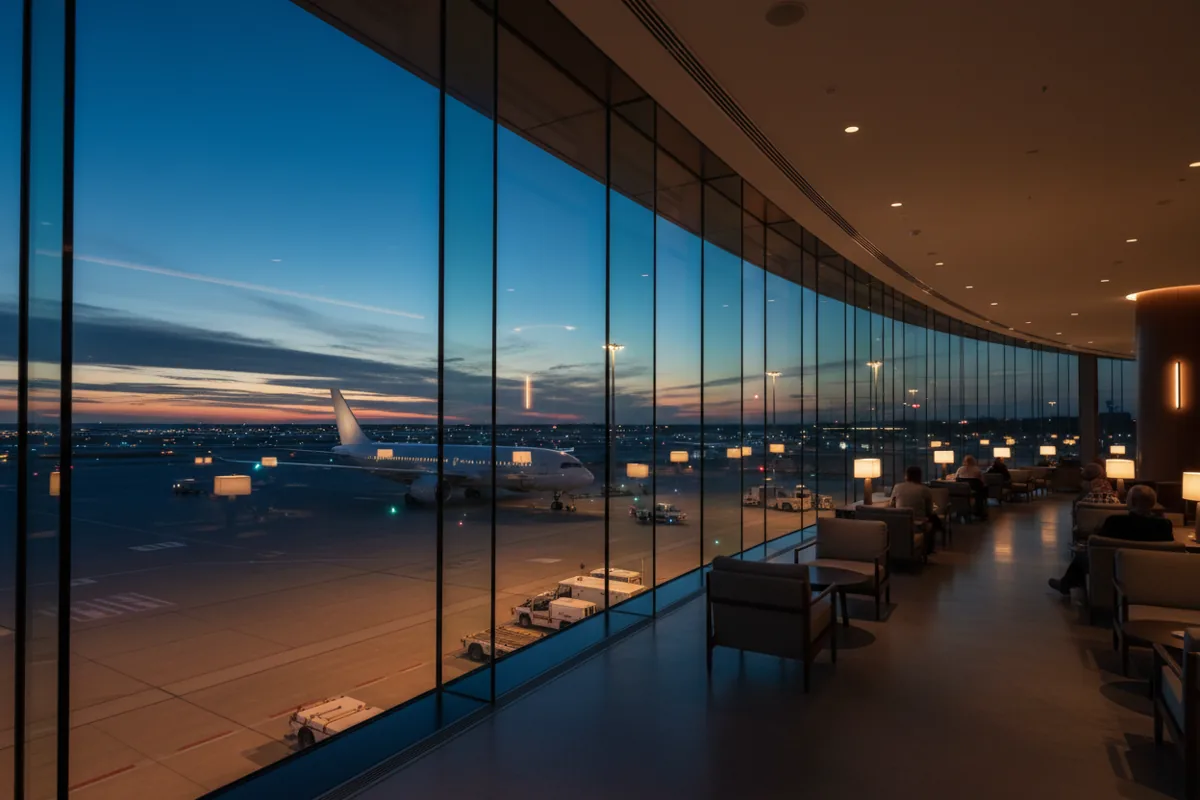 View of an airport tarmac at dusk from inside a modern terminal lounge.