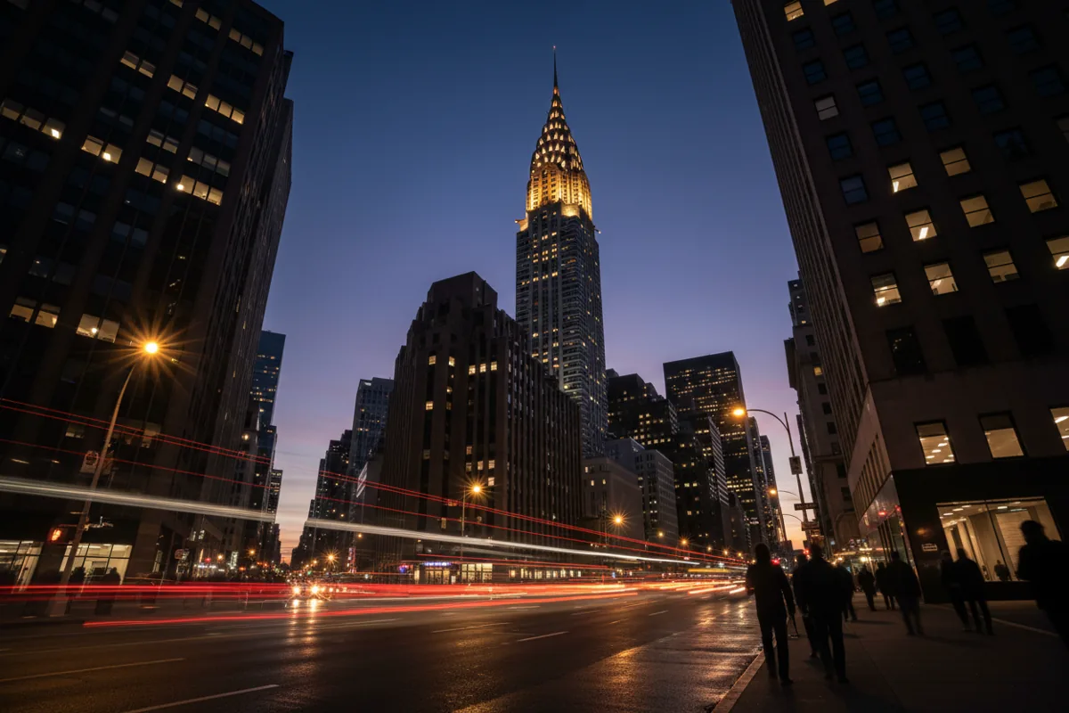 The illuminated Chrysler Building at dusk with light trails from traffic below.