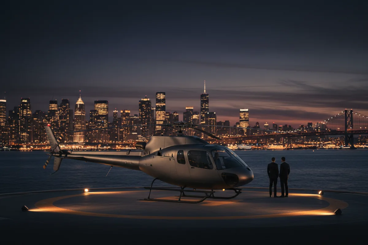 A helicopter on a rooftop helipad at dusk, with city lights in the background.