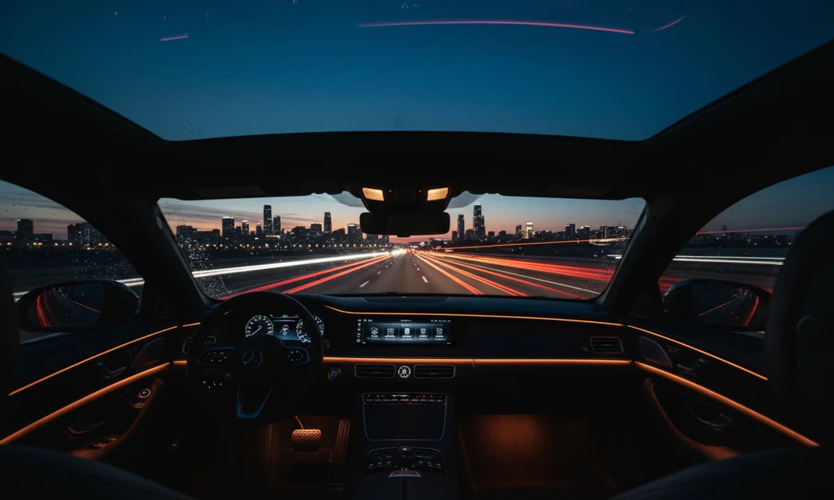 View of a city skyline at dusk from the window of a moving car on a highway.