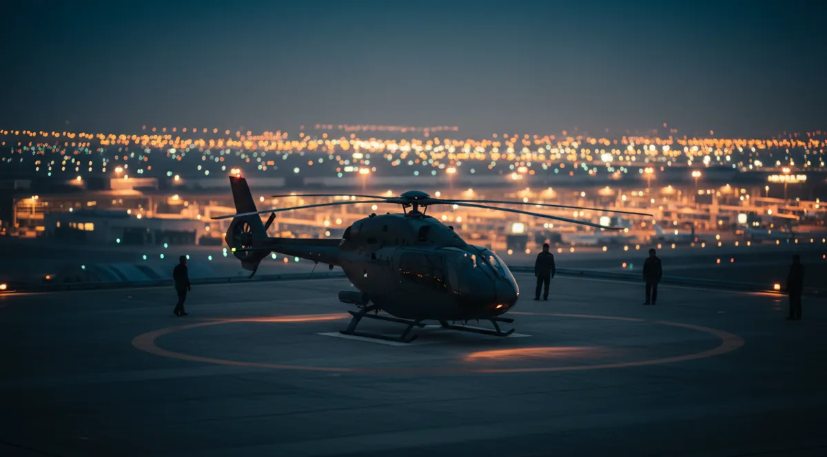 A modern helicopter on a helipad at dusk with the glowing lights of a city in the background.