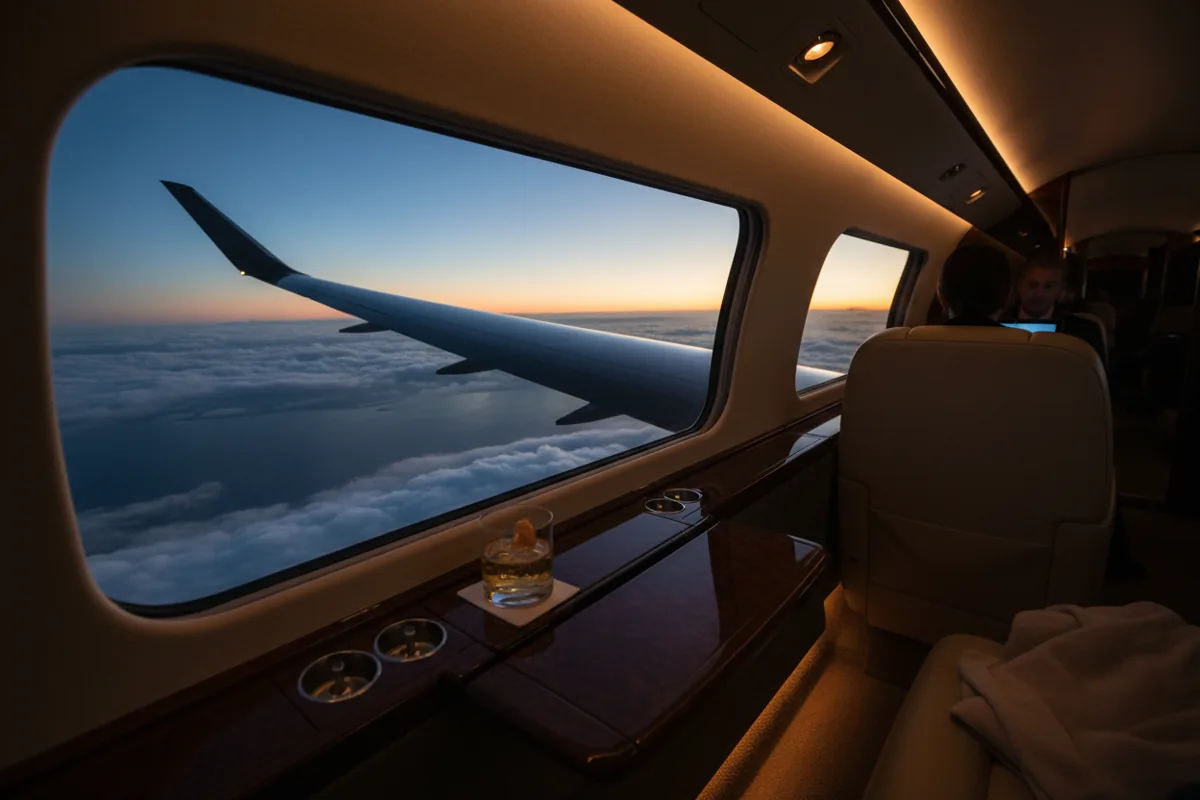 The view from a private jet window at twilight, showing the wing over the clouds and a warm cabin interior.