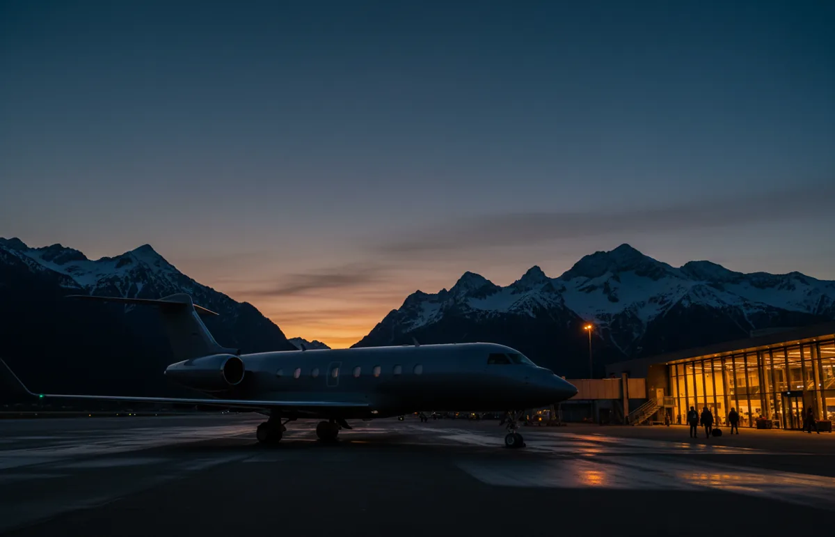 A large private jet on the tarmac of an airport in the mountains at dusk.