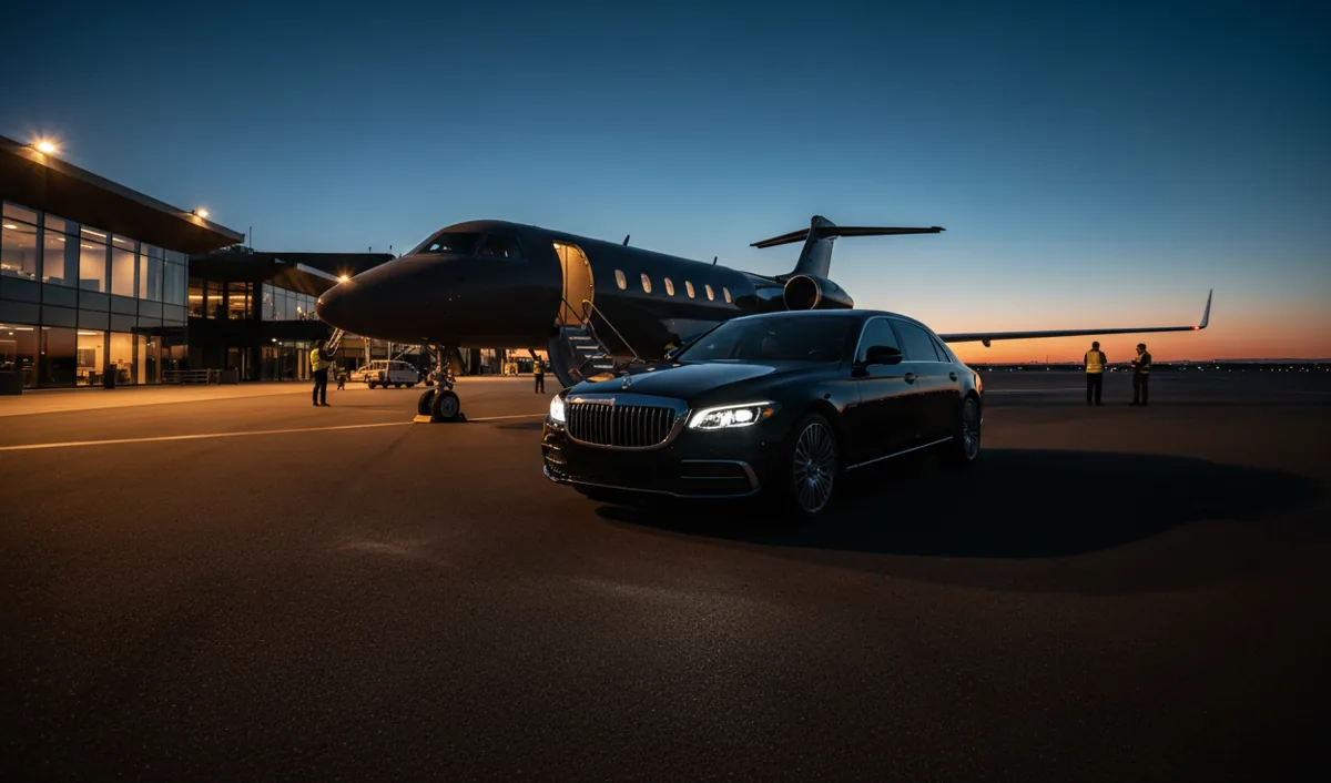 A luxury car waits on the tarmac next to a private jet at a private terminal at dusk.