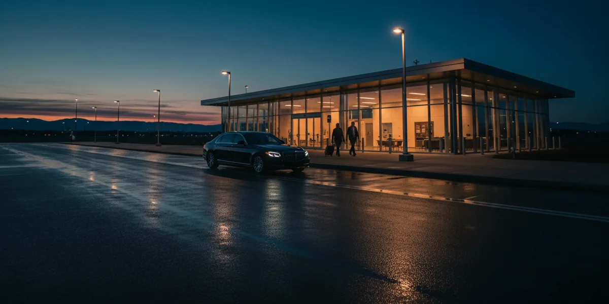 A dark sedan waits outside a modern airport terminal at dusk.