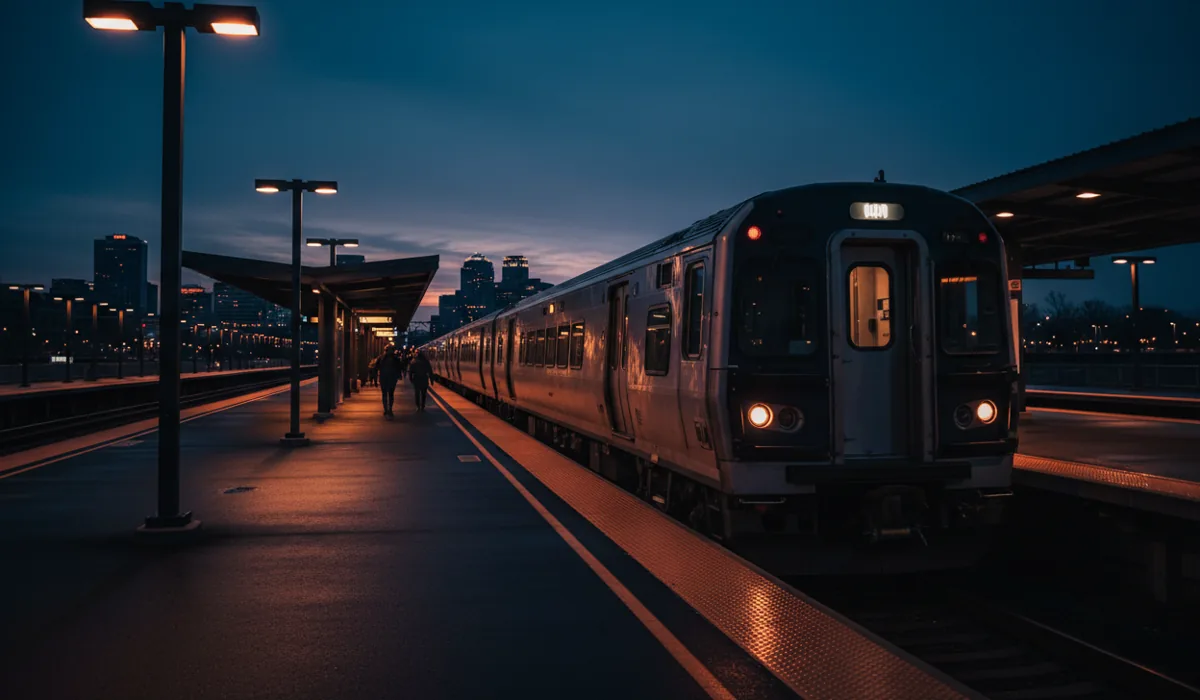 A commuter train at the platform of the Trenton Transit Center at twilight.