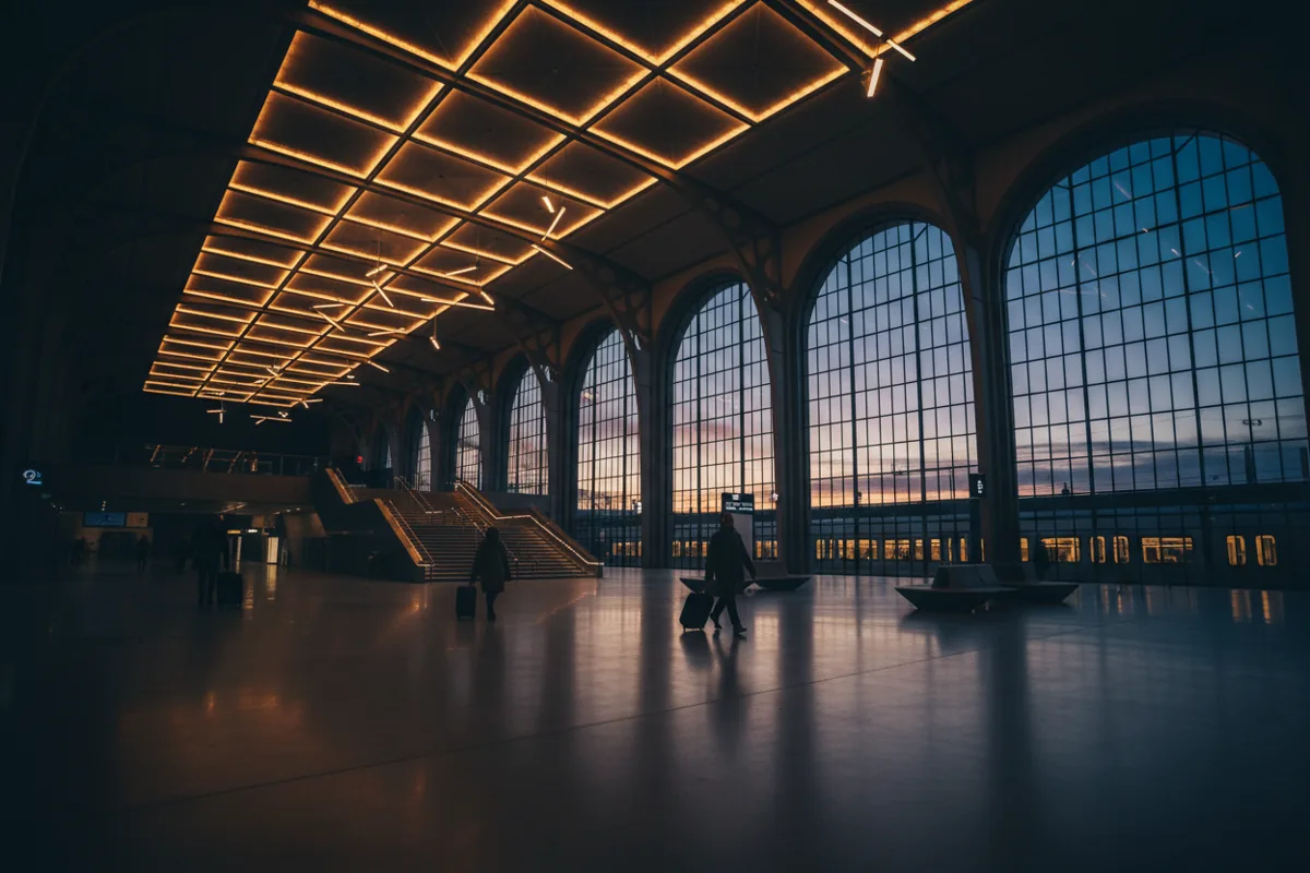 The modern, spacious interior of a train station concourse at night.