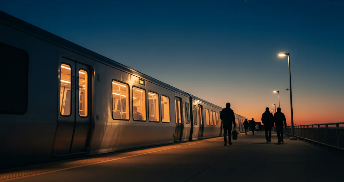 A passenger train is stopped at an outdoor station platform at dusk, with its windows lit up warmly.