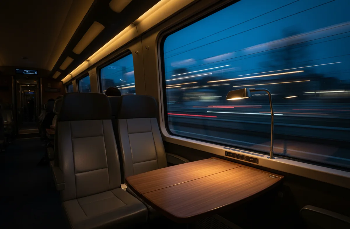 The interior of a modern train with empty seats next to a window showing a blurred city view at night.