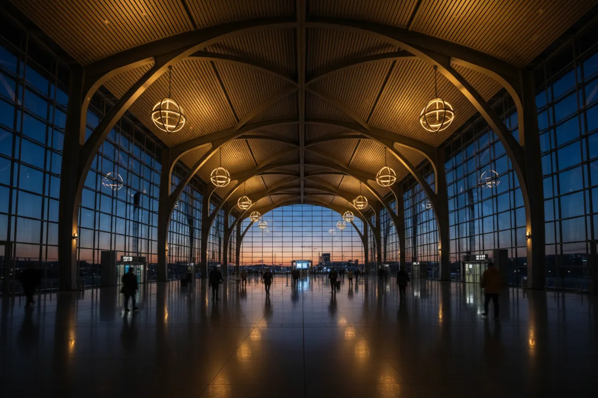 The grand, modern interior of a train station hall at dusk, with a few people walking in the distance.