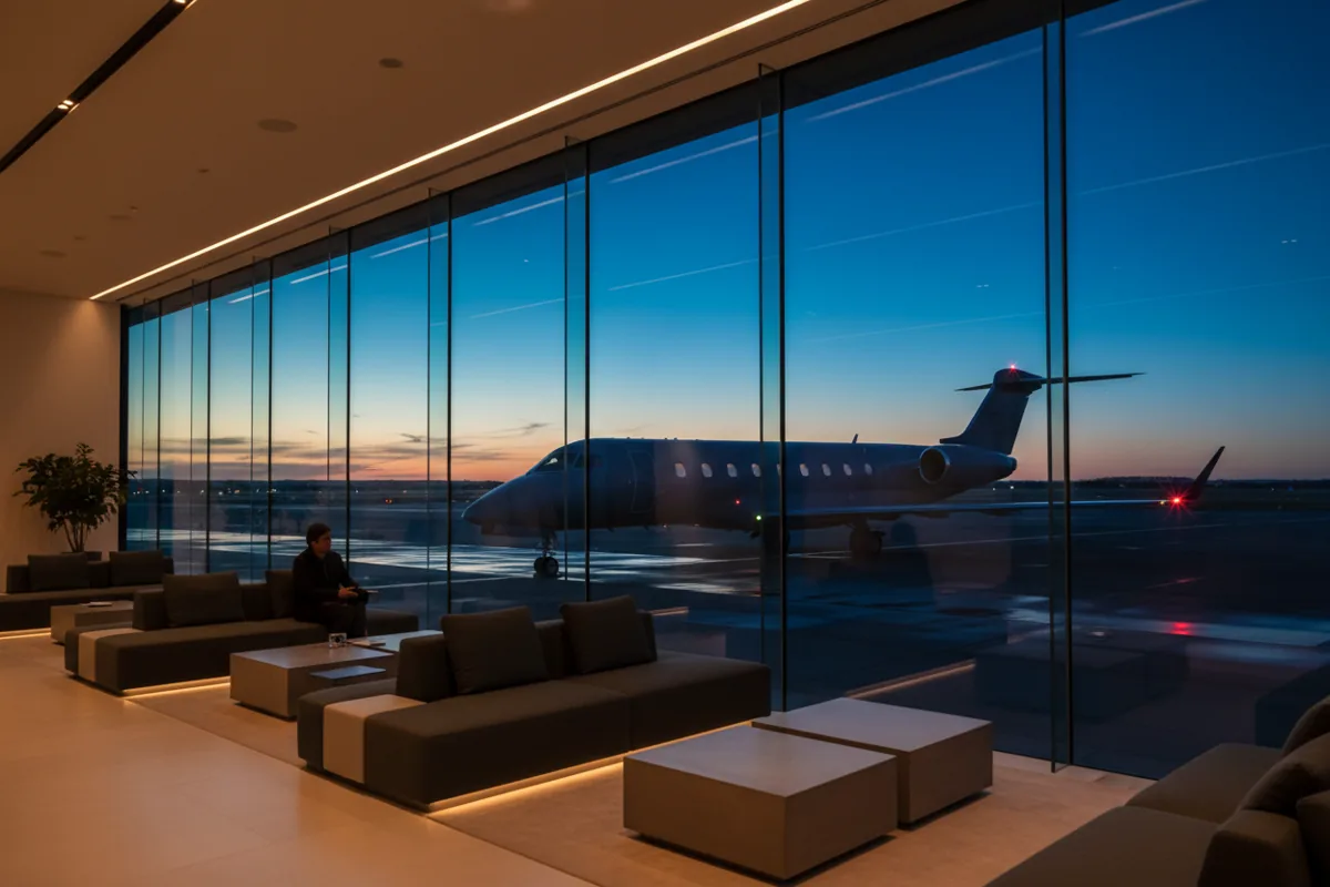A luxurious, empty airport lounge at dusk with a private jet visible on the tarmac through large windows.