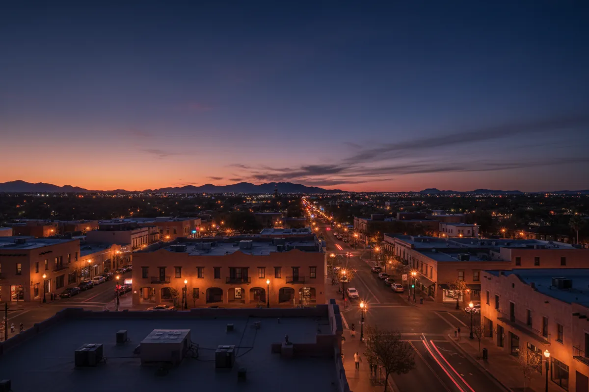 Tucson's historic downtown architecture viewed from above at dusk, with warm streetlights glowing.