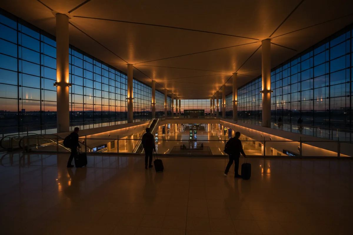 View from above of a spacious, modern airport terminal concourse with a few travelers walking below.