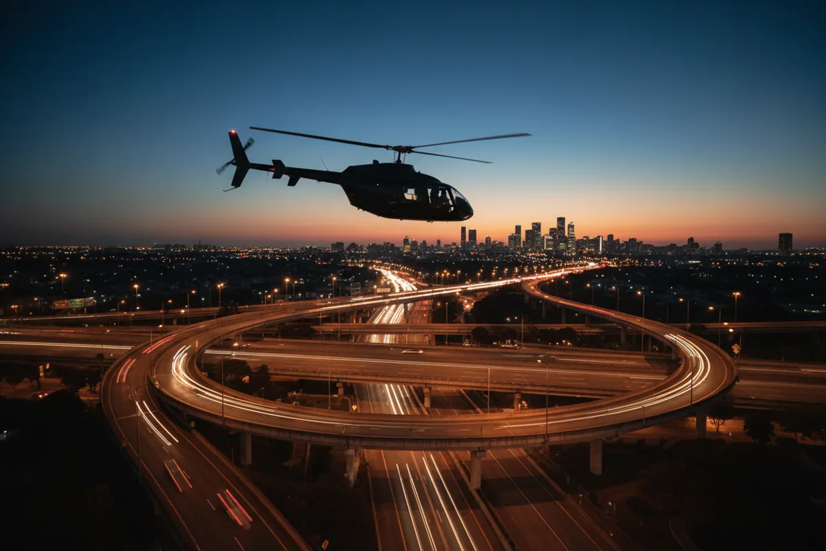 A helicopter flies over a brightly lit city highway interchange at dusk, with a skyline in the distance.