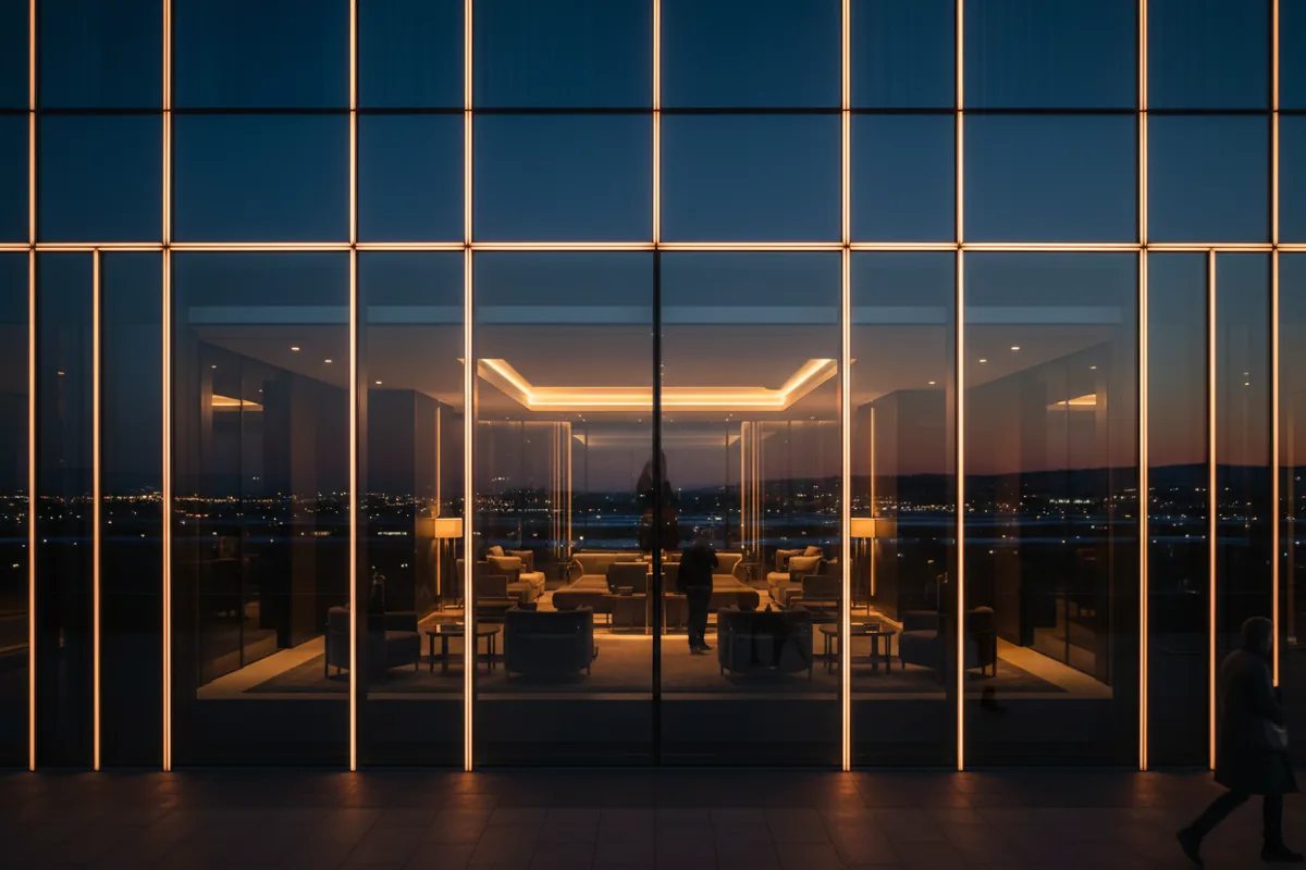 The glowing exterior of a modern luxury hotel at dusk, with a view into the warmly lit lobby.