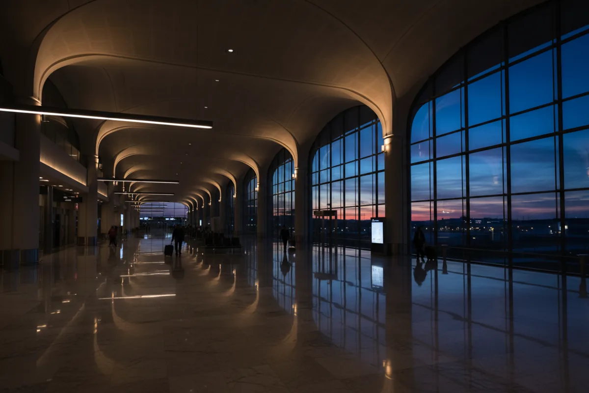 A wide, modern airport concourse at dusk with a few distant travelers walking toward the gates.