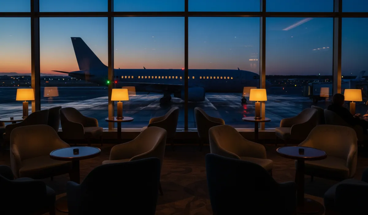 An empty, luxurious airport lounge with comfortable seating overlooking the airfield at twilight.
