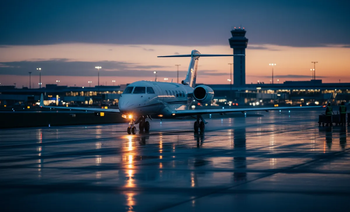 A midsize private jet on a runway at dusk, with the warm lights of an airport terminal in the background.