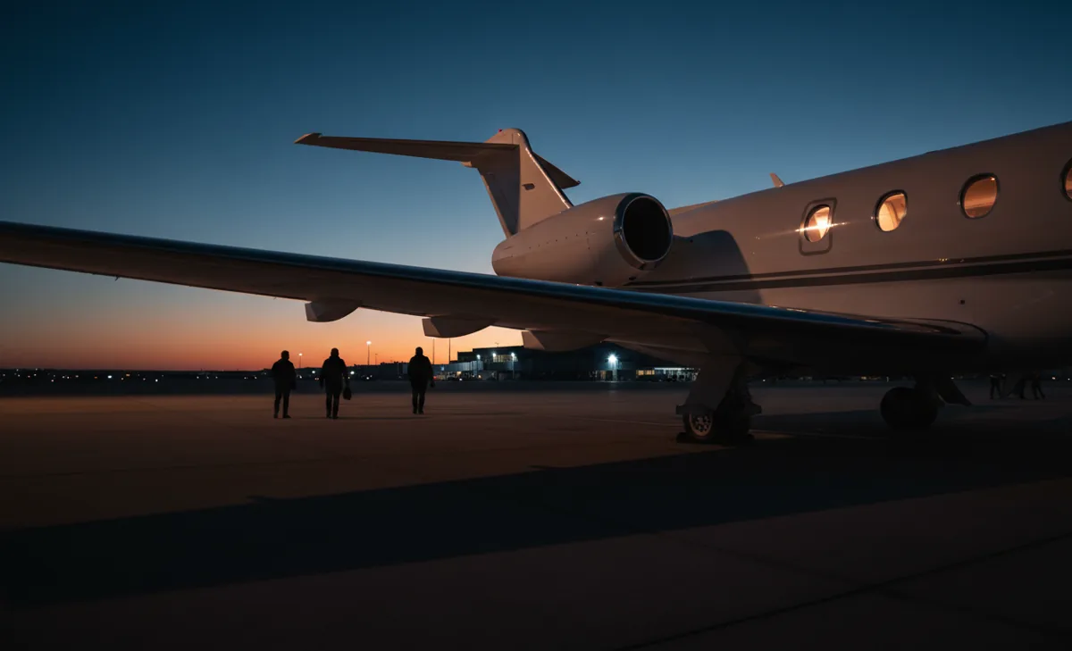 The tail and wing of a white private jet on an airport tarmac.