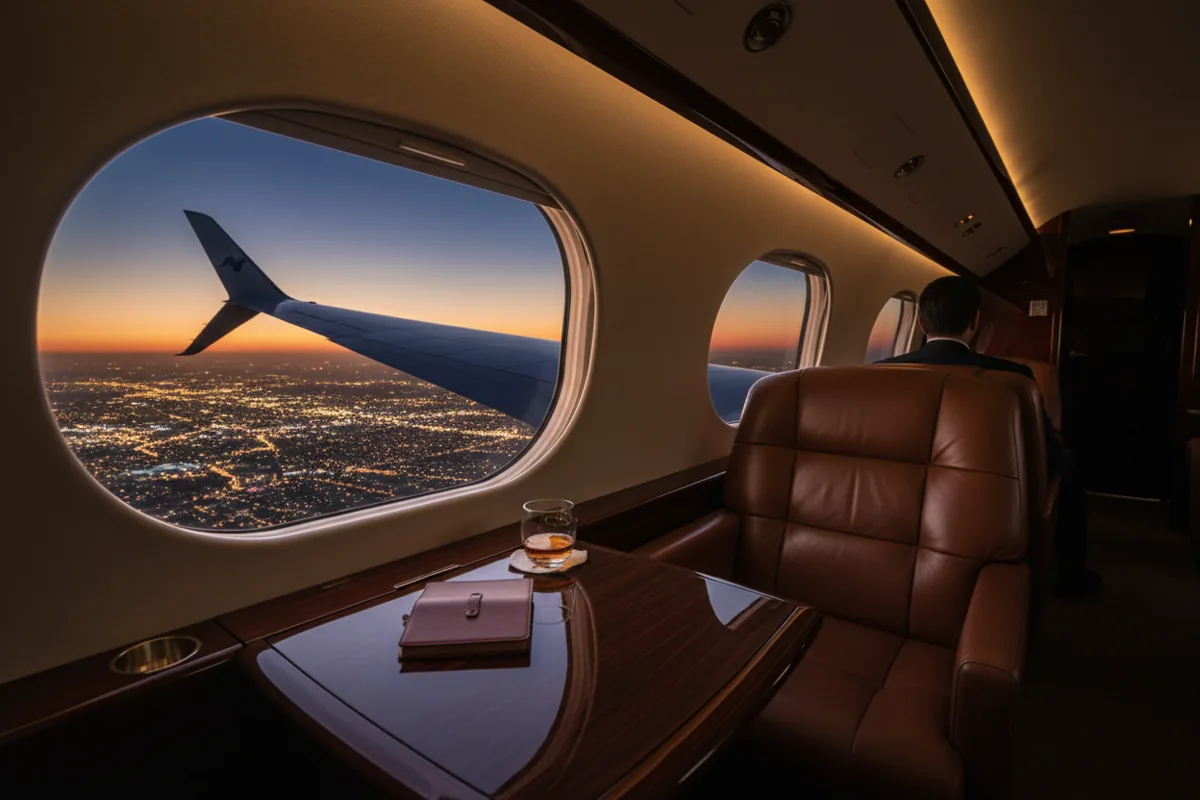 The interior of a luxurious private jet cabin with a view of the wing and a city at night from the window.