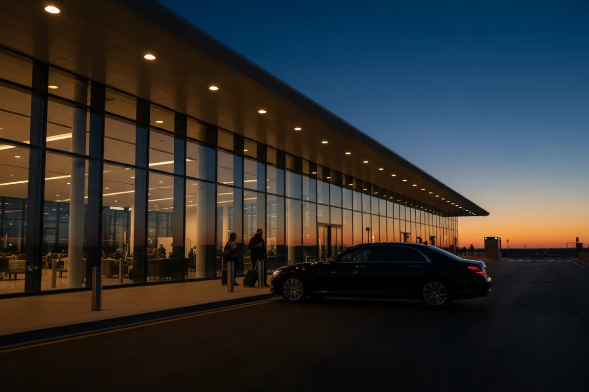 A luxury black car waits at the curb of a modern airport terminal's passenger pickup area at dusk.