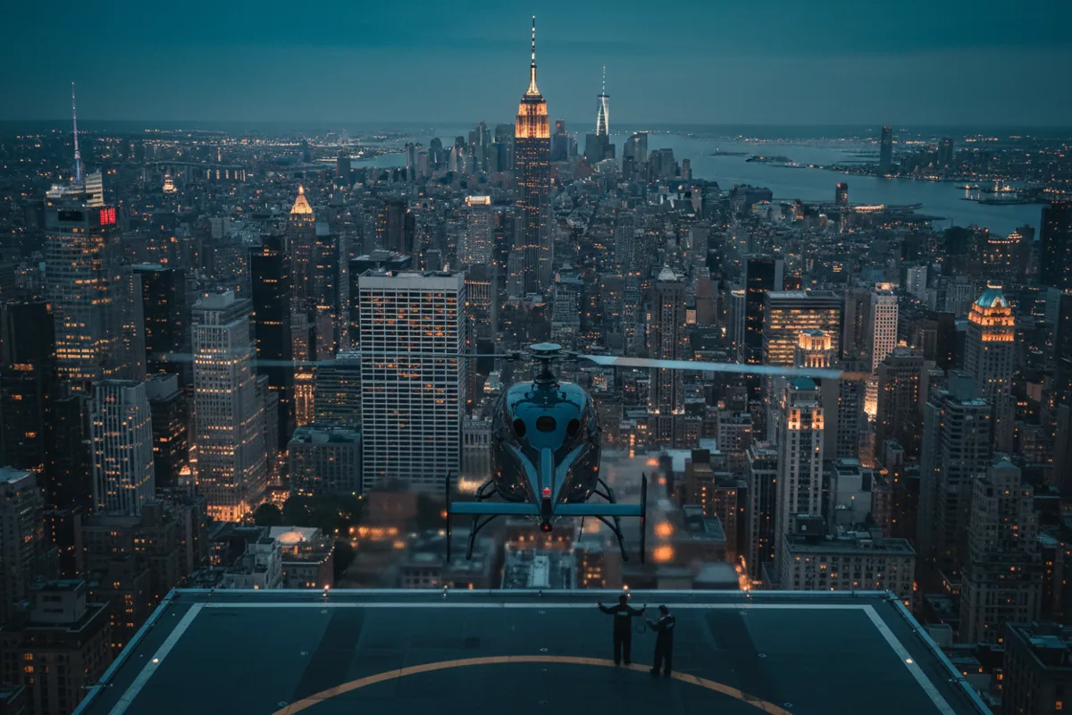 A helicopter lands on a rooftop helipad in Manhattan, surrounded by the glowing lights of the city at dusk.