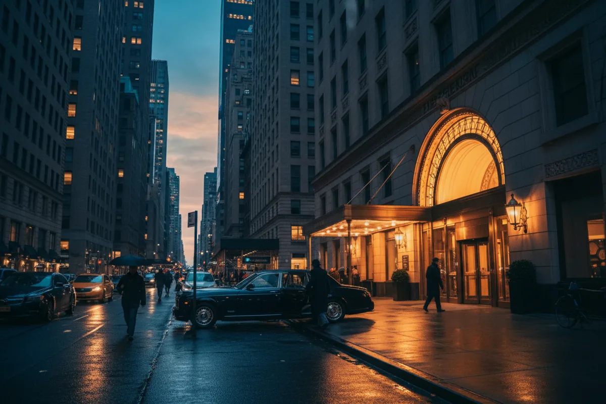A person arrives at the glowing entrance of a luxury Manhattan hotel via a dark sedan at twilight.