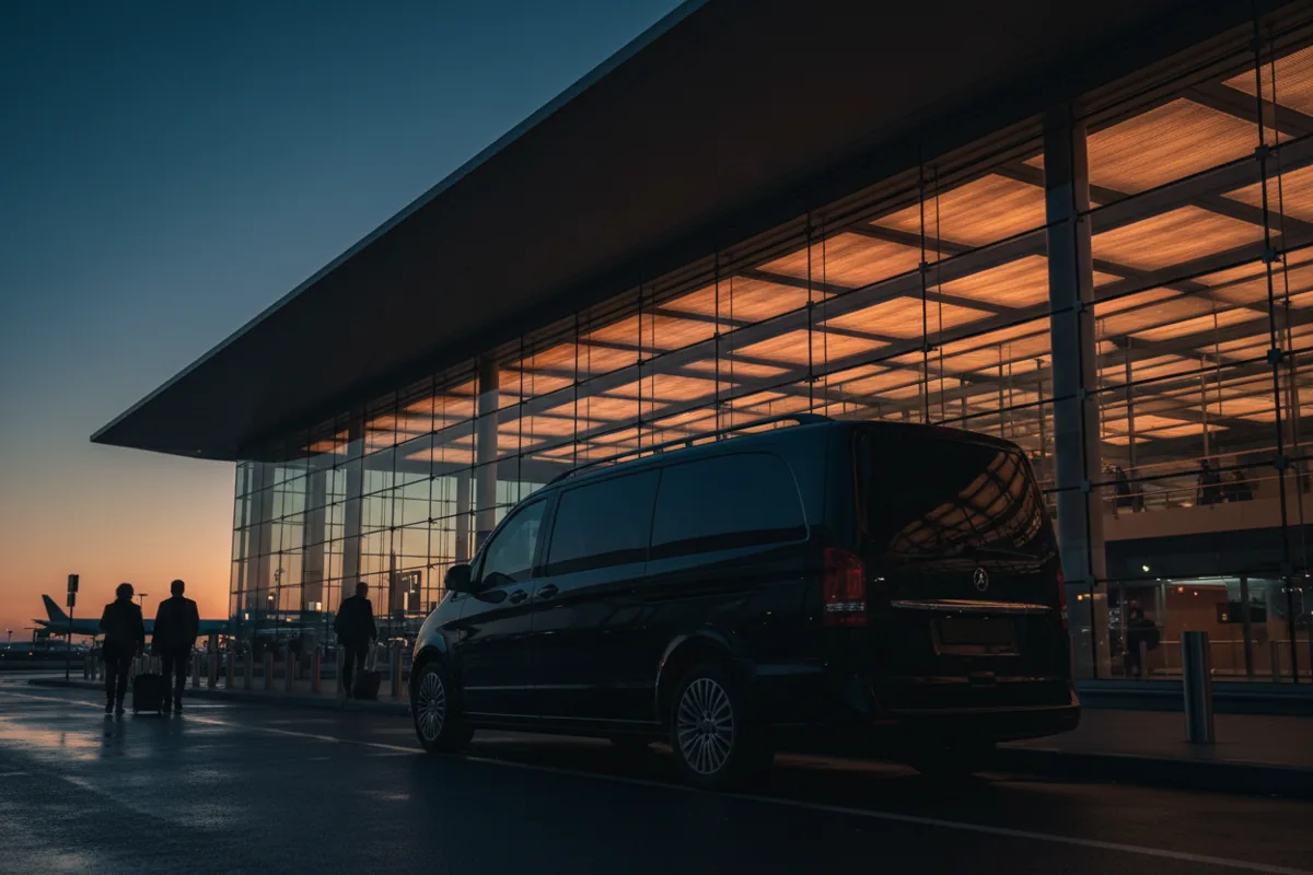 A modern black passenger van waiting at an airport terminal curb at dusk.