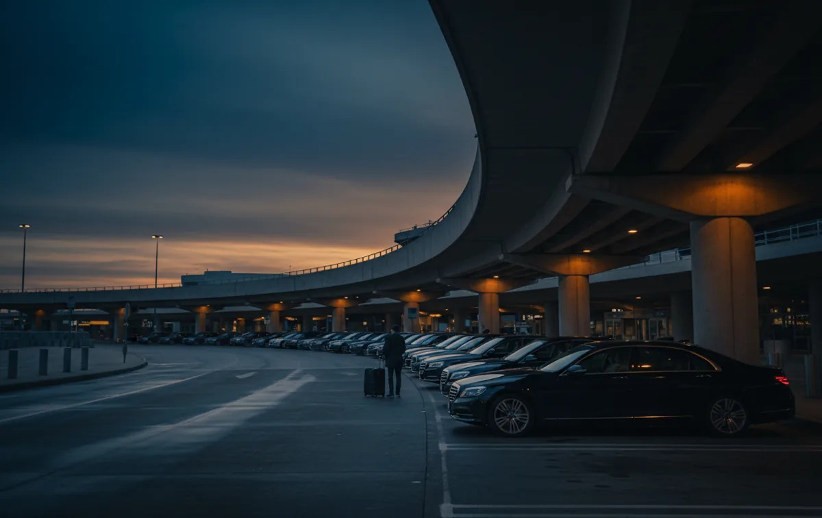 Dark sedans lined up at a JFK Airport rideshare pickup area at dusk.