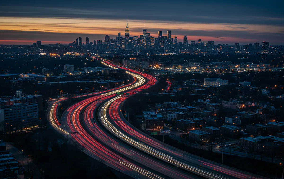 Aerial view of expressway traffic in Queens heading toward the Midtown Manhattan skyline at dusk.