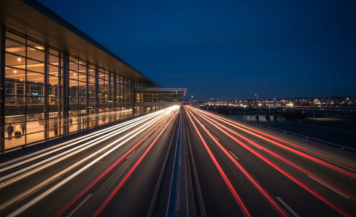Light trails from car traffic outside an airport terminal at night.